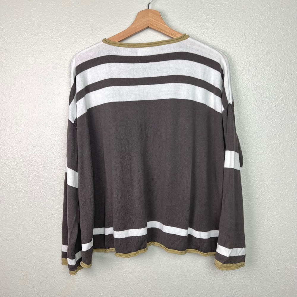 Planet by Lauren G Striped Pima Cotton Modal Knit Sweater Brown White One Size - Picture 8 of 10